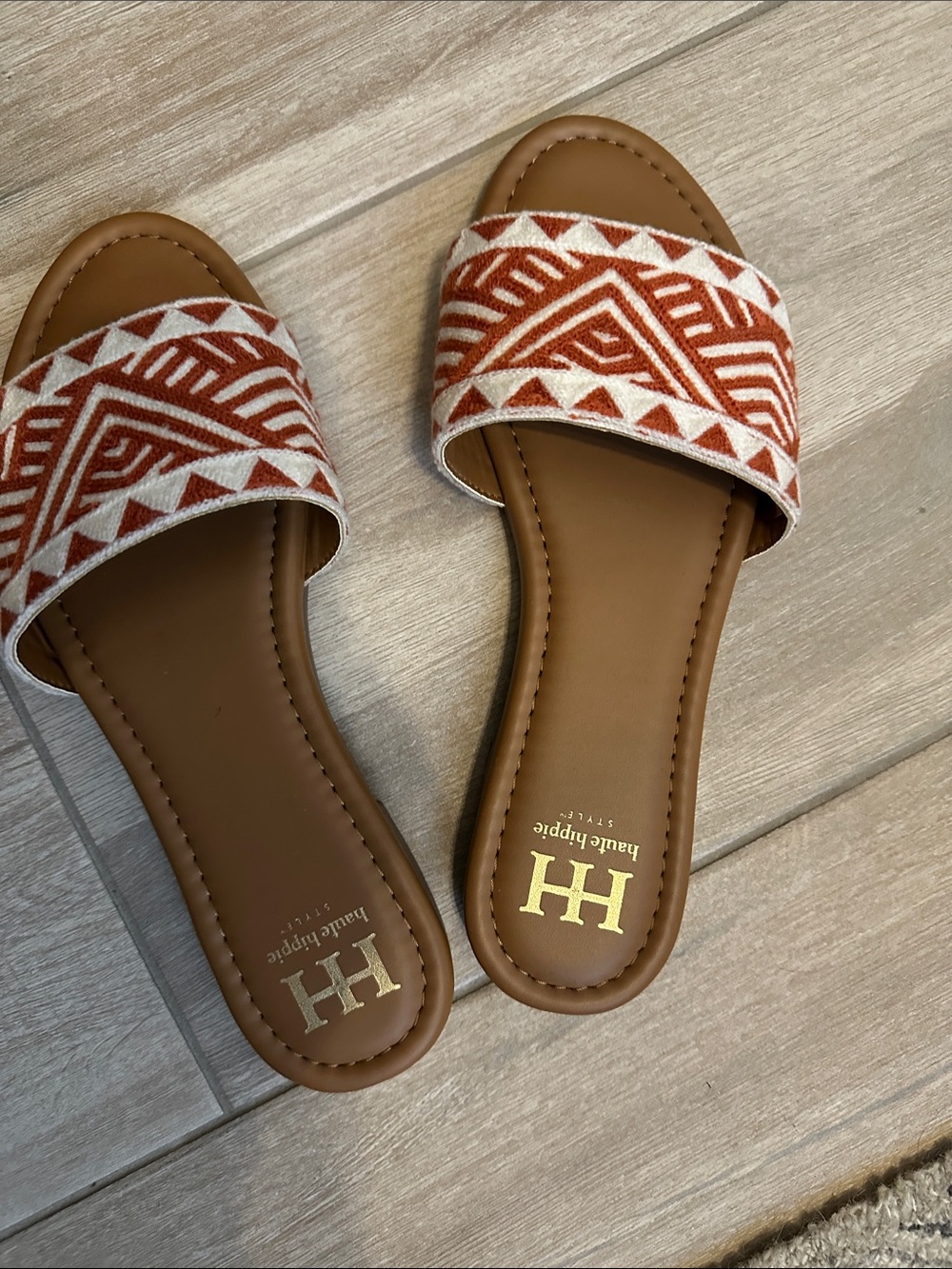 Haute Hippie Tan Slide Sandals with Rust and White Geometric Strap